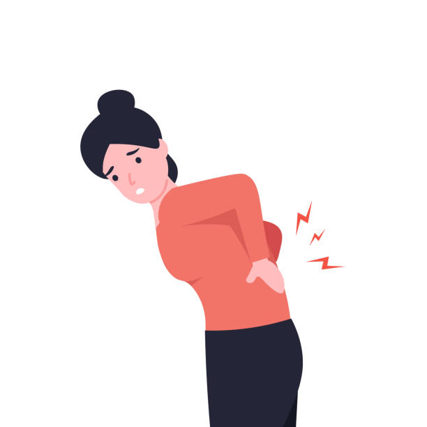 girl with back pain Woman having pain in her back. Flat vector cartoon modern illustration. back pain stock illustrations