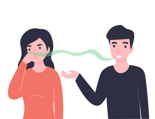 man has bad smell in his mouth, woman pinched her nose Man has bad smell in his mouth, woman pinch her nose. Halitosis or fetor oris problem. Flat vector cartoon modern illustration. bad breath couple stock illustrations