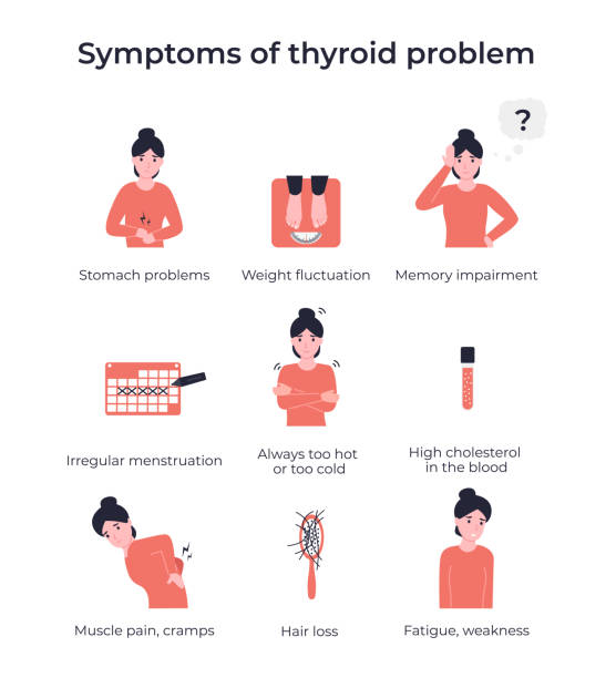 set symptoms of thyroid problem Set symptoms of thyroid problem. Hashimoto thyroiditis or Hypothyroidism disease. Flat vector cartoon modern illustration. thyroid disease stock illustrations