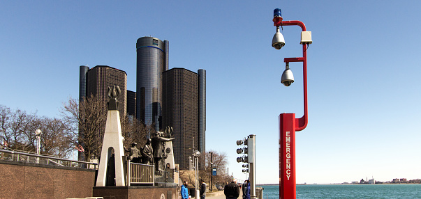 Detroit, Michigan, USA - March 18, 2018: Exterior of the Renaissance Center towers and waterfront district in downtown Detroit.