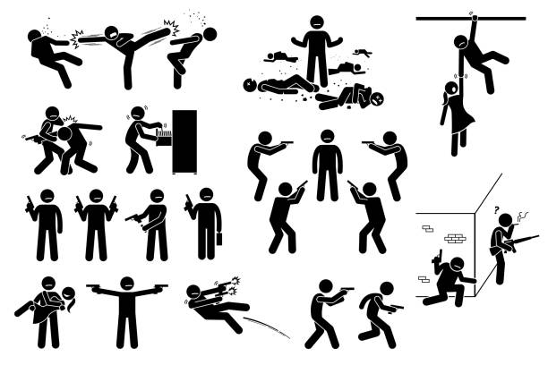 ilustrações de stock, clip art, desenhos animados e ícones de movie action hero fight scene icons pictogram. - hiding