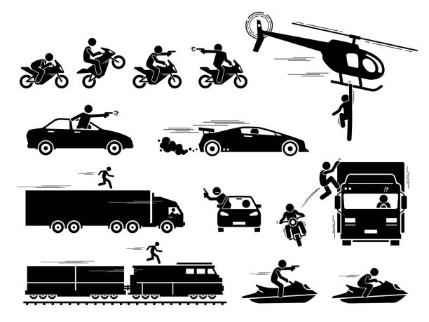 illustrations, cliparts, dessins animés et icônes de film action héros voiture moto course-poursuite des icônes de scène pictogram. - hit man