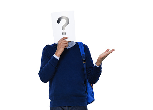 Waist up of aged 20-29 years old with black hair african ethnicity male standing in front of white background wearing pants who is uncertainty and showing question mark