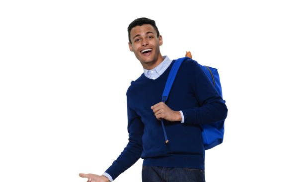 istock Generation z male presenter standing in front of white background wearing pants 1226838697