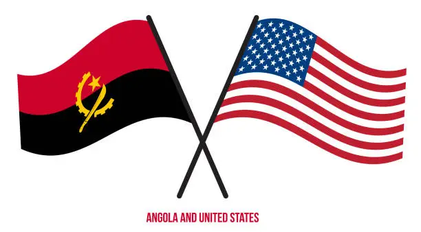 Vector illustration of Angola and United States Flags Crossed And Waving Flat Style. Official Proportion. Correct Colors