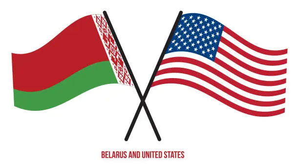 Vector illustration of Belarus and United States Flags Crossed And Waving Flat Style. Official Proportion. Correct Colors