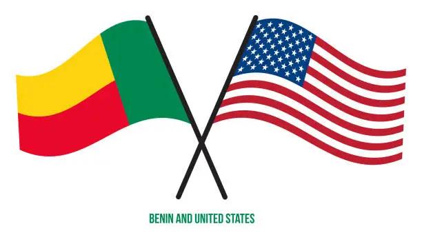 Vector illustration of Benin and United States Flags Crossed And Waving Flat Style. Official Proportion. Correct Colors