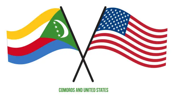 Vector illustration of Comoros and United States Flags Crossed And Waving Flat Style. Official Proportion. Correct Colors