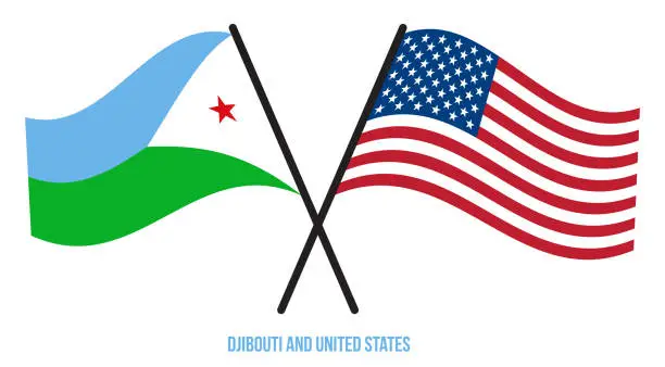 Vector illustration of Djibouti and United States Flags Crossed And Waving Flat Style. Official Proportion. Correct Colors