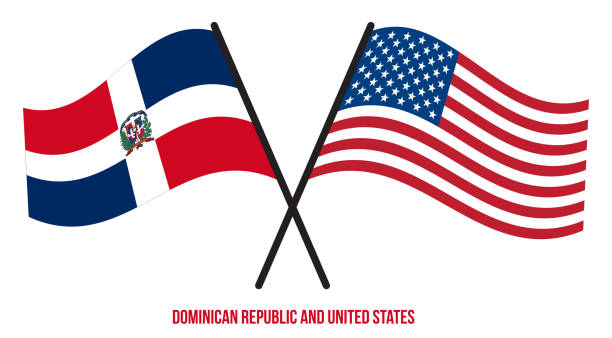 ilustrações, clipart, desenhos animados e ícones de república dominicana e bandeiras dos estados unidos cruzou e acenando estilo plano. proporção oficial - dominican flag