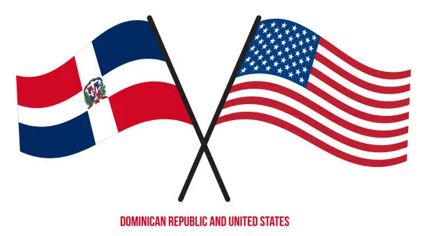 Vector illustration of Dominican Republic and United States Flags Crossed And Waving Flat Style. Official Proportion