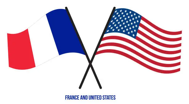Vector illustration of France and United States Flags Crossed And Waving Flat Style. Official Proportion. Correct Colors