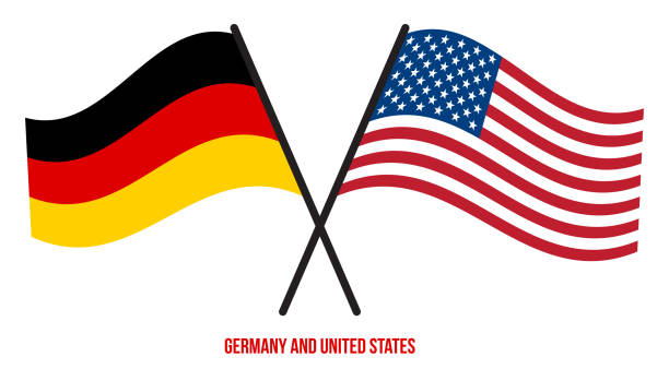 deutschland und us-flaggen gekreuzt und winken flachen stil. offizieller anteil. korrekte farben - mid atlantic bundesstaaten der usa stock-grafiken, -clipart, -cartoons und -symbole