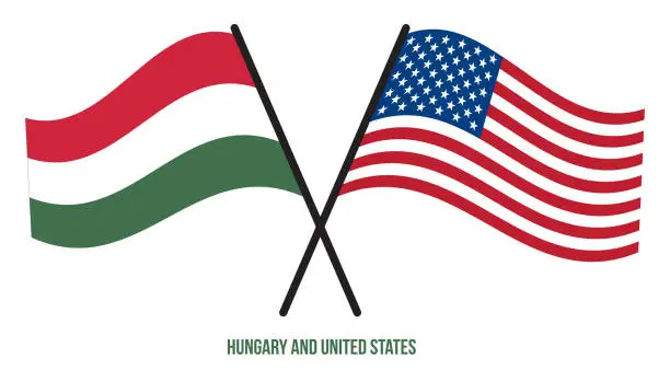 Vector illustration of Hungary and United States Flags Crossed And Waving Flat Style. Official Proportion. Correct Colors