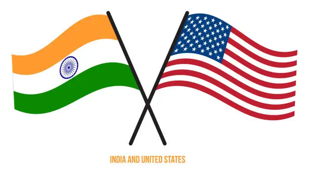 Vector illustration of India and United States Flags Crossed And Waving Flat Style. Official Proportion. Correct Colors