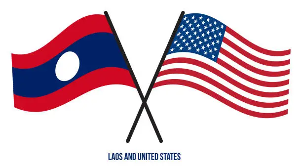 Vector illustration of Laos and United States Flags Crossed And Waving Flat Style. Official Proportion. Correct Colors
