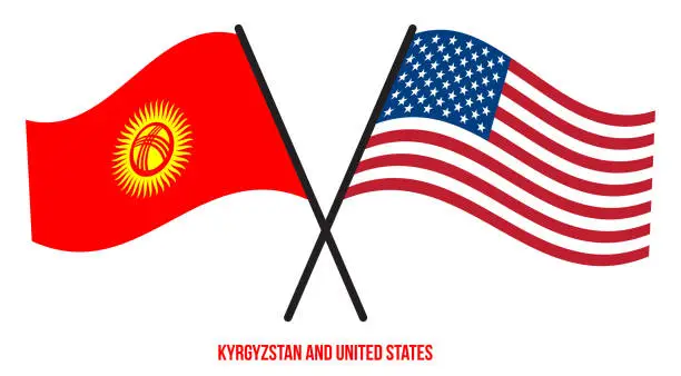 Vector illustration of Kyrgyzstan and United States Flags Crossed Flat Style. Official Proportion. Correct Colors