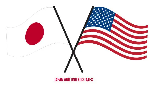 Vector illustration of Japan and United States Flags Crossed And Waving Flat Style. Official Proportion. Correct Colors