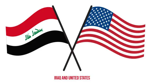 Vector illustration of Iraq and United States Flags Crossed And Waving Flat Style. Official Proportion. Correct Colors