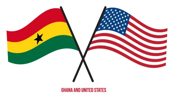 Vector illustration of Ghana and United States Flags Crossed And Waving Flat Style. Official Proportion. Correct Colors