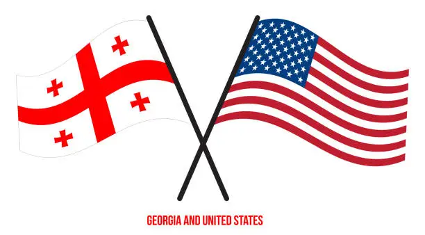 Vector illustration of Georgia and United States Flags Crossed And Waving Flat Style. Official Proportion. Correct Colors