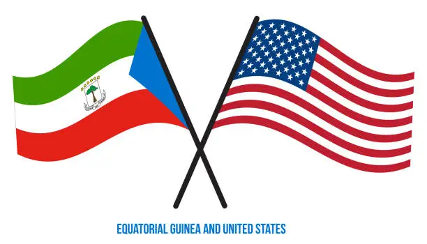 Vector illustration of Equatorial Guinea and United States Flags Crossed And Waving Flat Style. Official Proportion