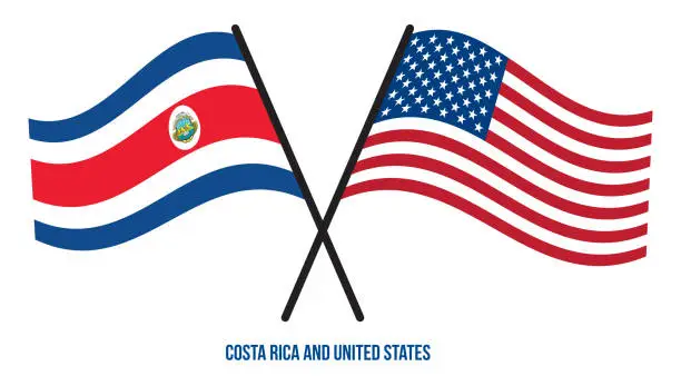 Vector illustration of Costa Rica and United States Flags Crossed Flat Style. Official Proportion. Correct Colors