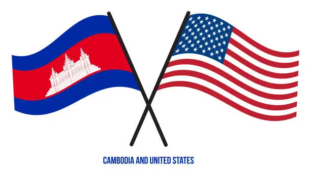 Vector illustration of Cambodia and United States Flags Crossed And Waving Flat Style. Official Proportion. Correct Colors