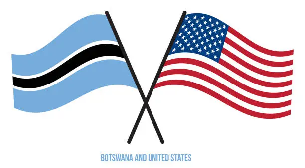 Vector illustration of Botswana and United States Flags Crossed And Waving Flat Style. Official Proportion. Correct Colors