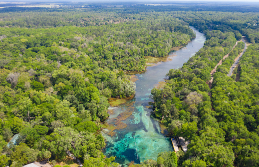 An aerial drone view of Rainbow Springs, Florida.