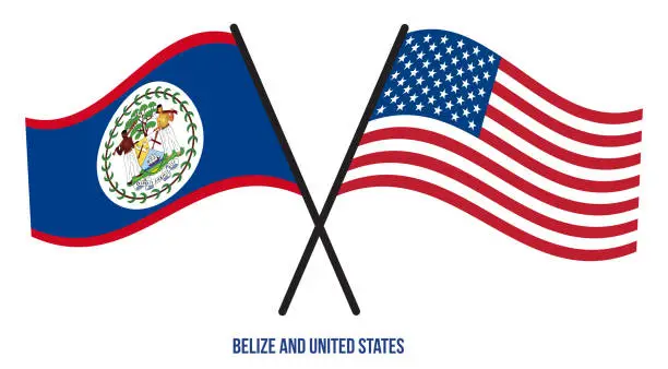 Vector illustration of Belize and United States Flags Crossed And Waving Flat Style. Official Proportion. Correct Colors