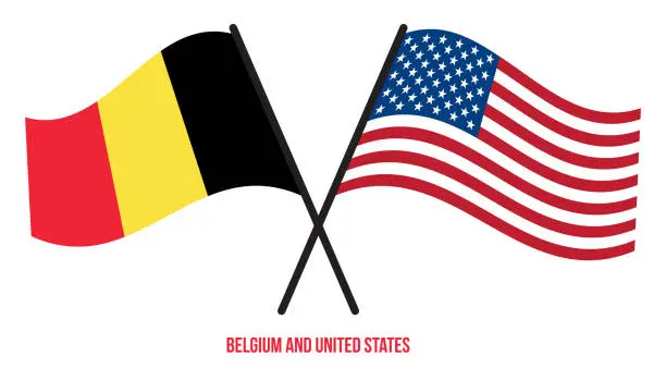 Vector illustration of Belgium and United States Flags Crossed And Waving Flat Style. Official Proportion. Correct Colors