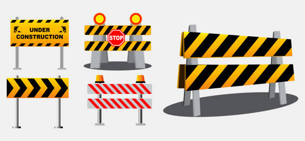 set of road barrier or under construction warning or barricade block highway set of road barrier or under construction warning or barricade block highway concepts. eps 10 vector, easy to modify hardhat roadblock boundary barricade stock illustrations