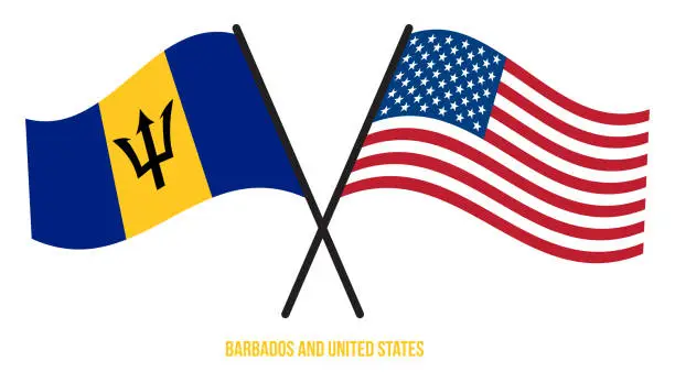 Vector illustration of Barbados and United States Flags Crossed And Waving Flat Style. Official Proportion. Correct Colors