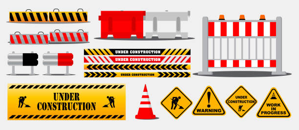 set of road barrier or under construction warning or barricade block highway set of road barrier or under construction warning or barricade block highway concepts. eps 10 vector, easy to modify hardhat roadblock boundary barricade stock illustrations