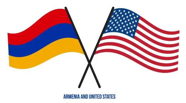 Vector illustration of Armenia and United States Flags Crossed And Waving Flat Style. Official Proportion. Correct Colors