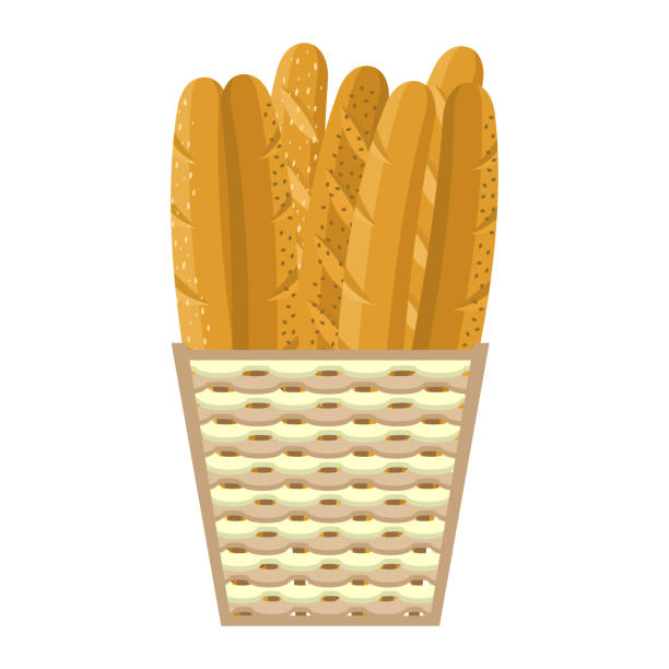 Fresh baguettes in basket, colorful vector illustration Fresh baguettes in basket, colorful vector illustration. Bakery shop with different kinds of bread, baguette, loaf, pretzel, croissant. Isolated on white background biscuit quick bread stock illustrations