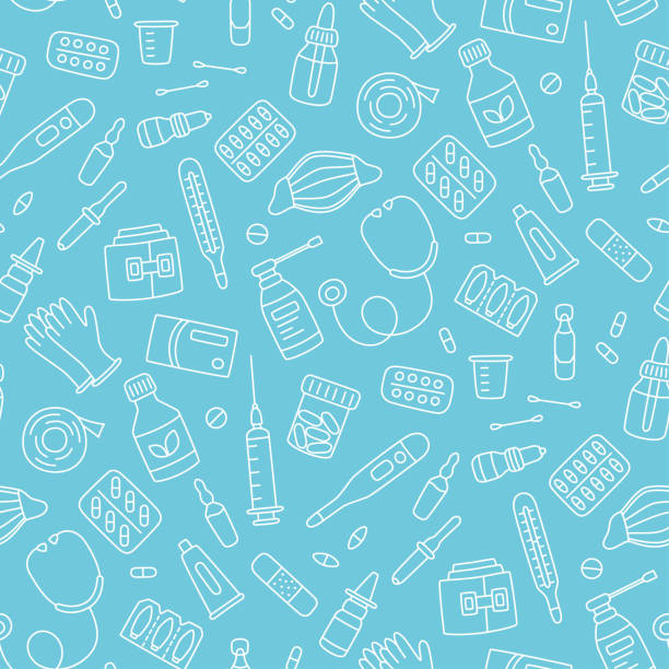 Seamless doodle pattern with medications, drugs, pills, bottles and health care medical elements. Seamless doodle pattern with medications, drugs, pills, bottles and health care medical elements. Hand drawn vector illustration on blue background nurse stock illustrations