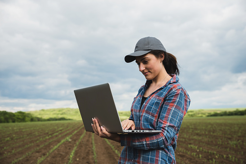Pretty young woman agronomist checking sprouts in the corn field. She use a laptop to check the crops. Modern Plant protection and agribusiness concept.