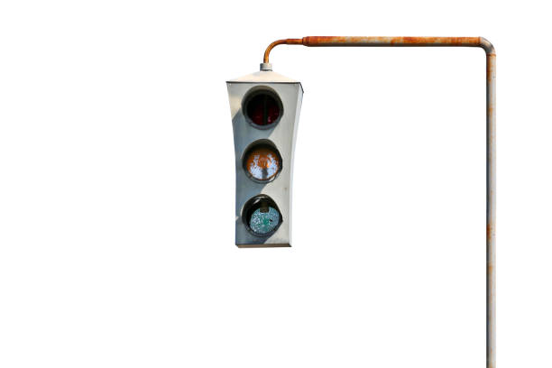 istock Isolated vintage old traffic light on a rusty post. Close-up. 1226844748