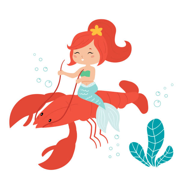 bildbanksillustrationer, clip art samt tecknat material och ikoner med söt kawaii sjöjungfru rider på hummer. - baby swim under water