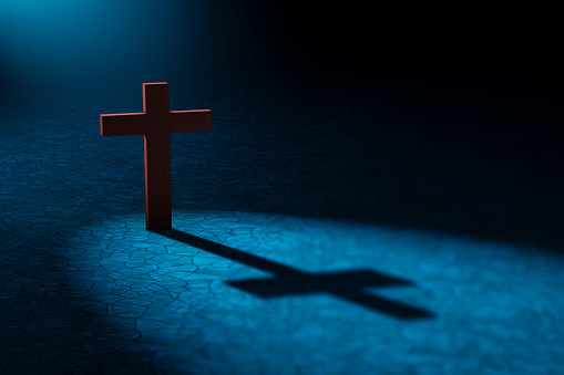 3d illustration, christian cross, light blue, shadow in floor.