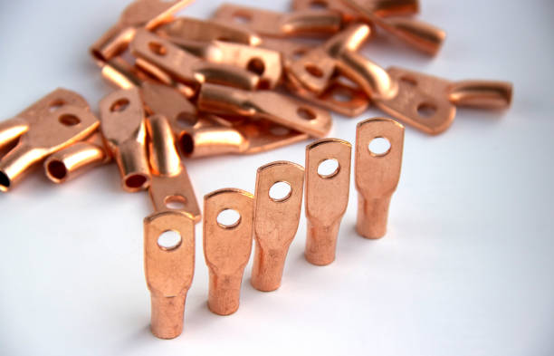 istock Copper electric terminals. connection tips for cables and wires. electrician accessories and spare parts. reliable contact. energy industry and electrical safety concept. copy space. 1226852491
