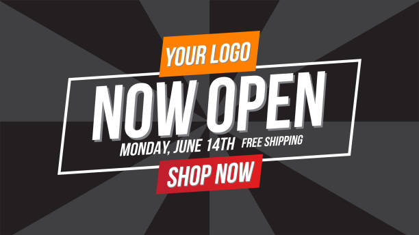 ilustrações de stock, clip art, desenhos animados e ícones de now open shop or new store red and orange color sign on black background.template design for opening event.can be used for poster ,flyer , banner. - open sign