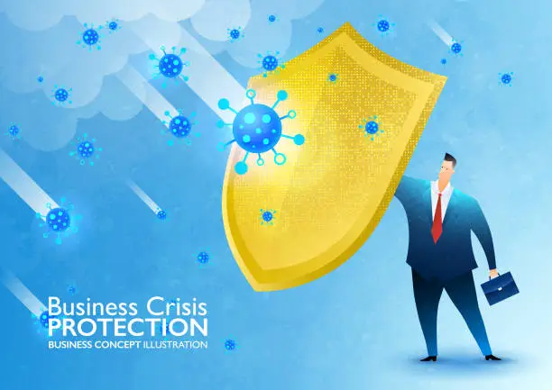 Vector illustration of Business crisis protection. Insurance coverage and government policy to help business in Coronavirus crisis. Businessman holding golden shield to protect himself from COVID-19.