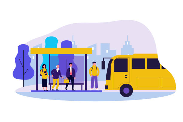 Passengers standing at bus stop Passengers standing at bus stop. Businessman, senior man, student waiting vehicle. Vector illustration for city transportation, commuters, urban life concept bus illustrations stock illustrations