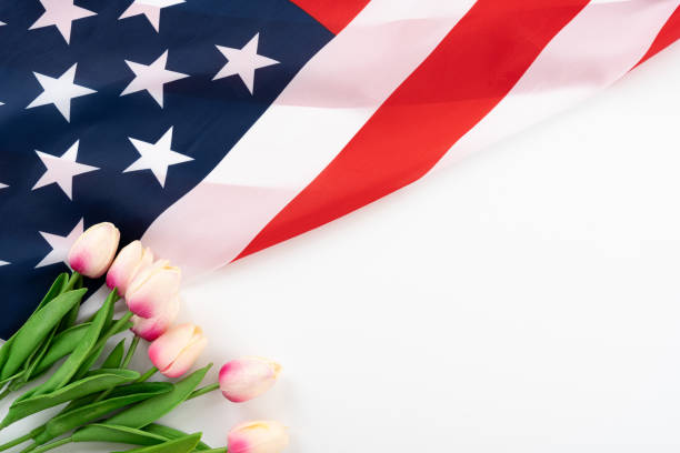 US American flag with tulip flower on white background. For USA Memorial day, Presidents day, Veterans day, Labor day, Independence or 4th of July celebration. Top view, copy space for text. bandera americana con flor de tulipán sobre fondo blanco. para el día de los estados unidos, el día de los presidentes, el día de los veteranos, el día del trabajo, la independencia o la celebración del 4 de julio. vista superior, copie el espacio pa