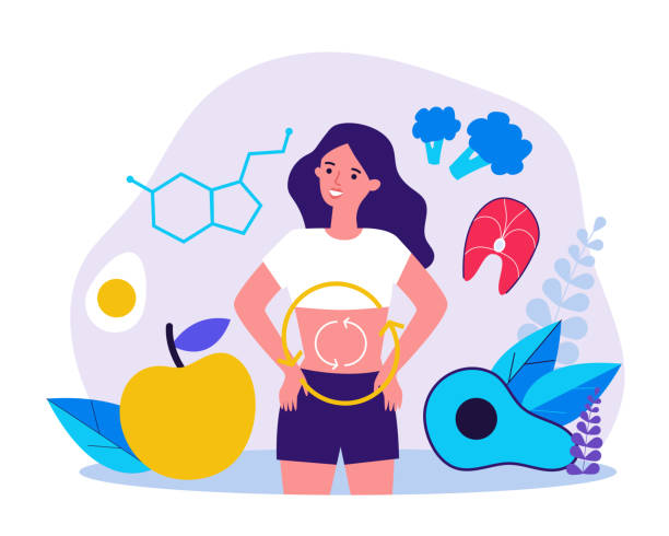 Metabolism of human organism flat vector illustration. Cartoon young woman eating diet food for energy. Digestion, metabolic system and hormones concept