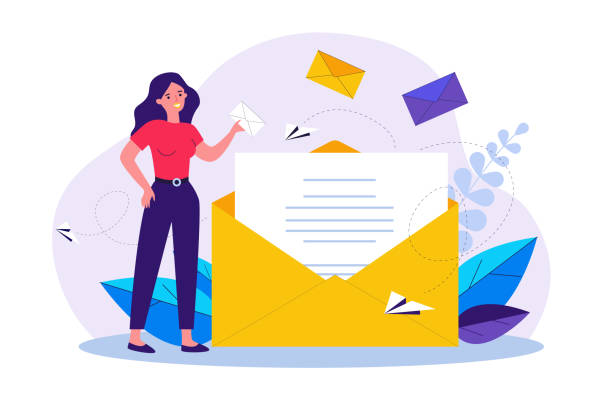 Woman holding business message in envelope Woman holding business message in envelope flat vector illustration. Cartoon female office employee working with mail. Communication and contact concept writing email stock illustrations