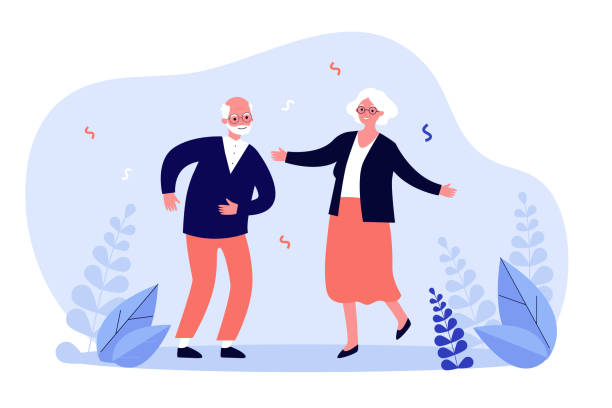 Active funny old couple dancing at party Active funny old couple dancing at party. Grandparents celebrating anniversary. Vector illustration for senior age, retirement, having fun, celebration concept senior adult illustrations stock illustrations